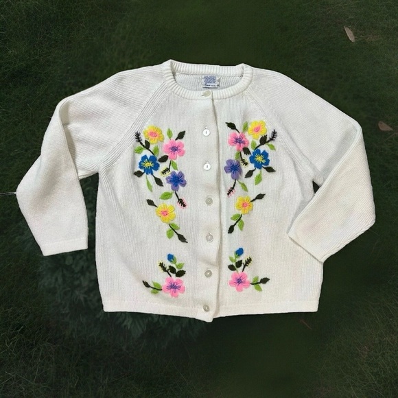 Sears Sweaters - Vtg Sears 1960s Floral Crewel Embroidery Cardigan Pinup Boho Retro Acrylic XL